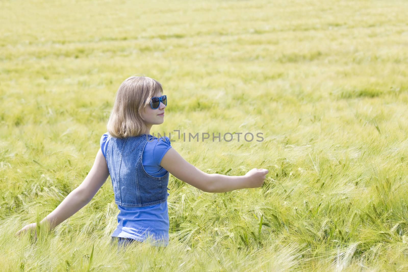 young girl in the field of barley  by miradrozdowski