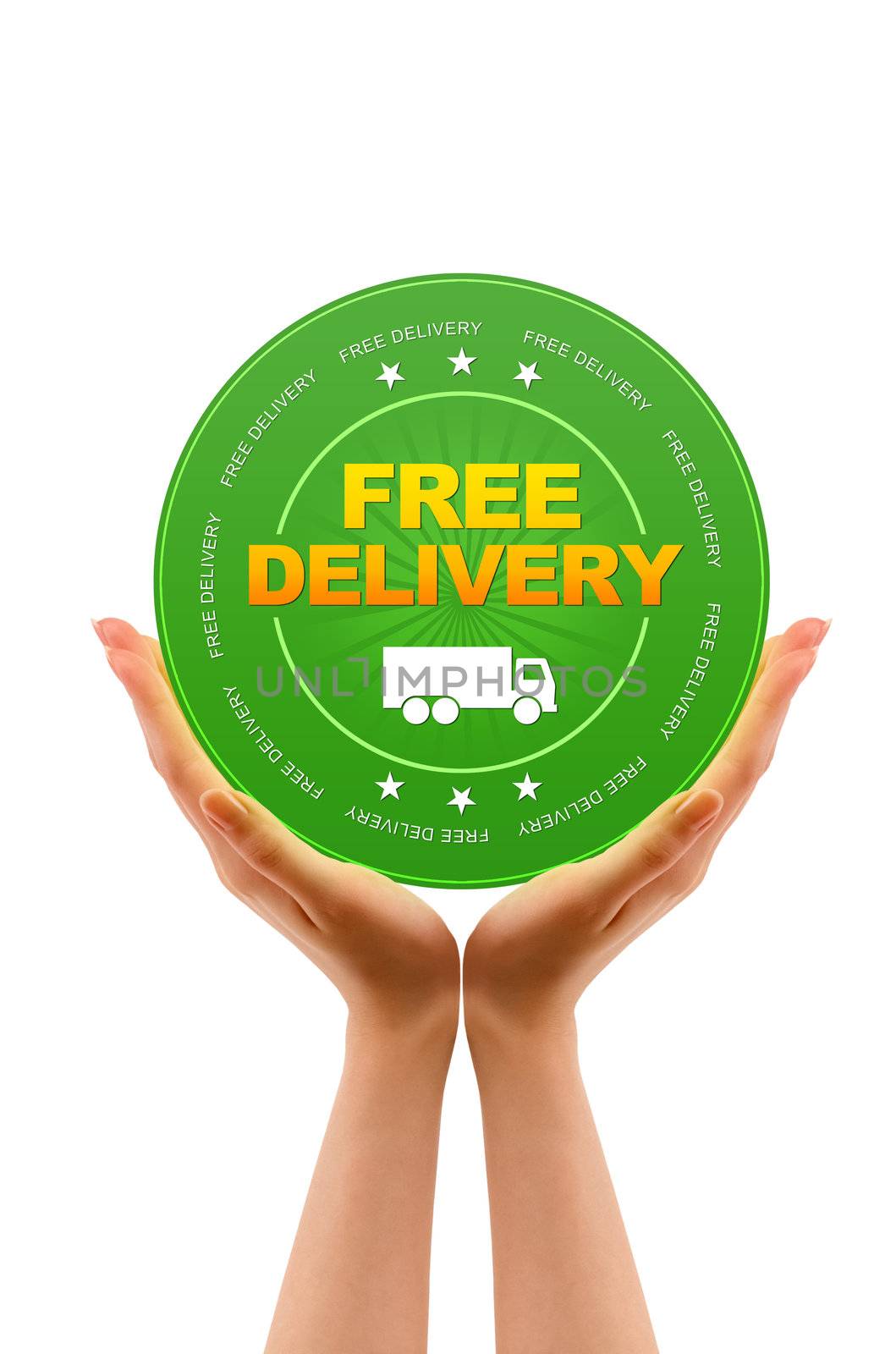 Hands holding a Free Delivery icon on white background.