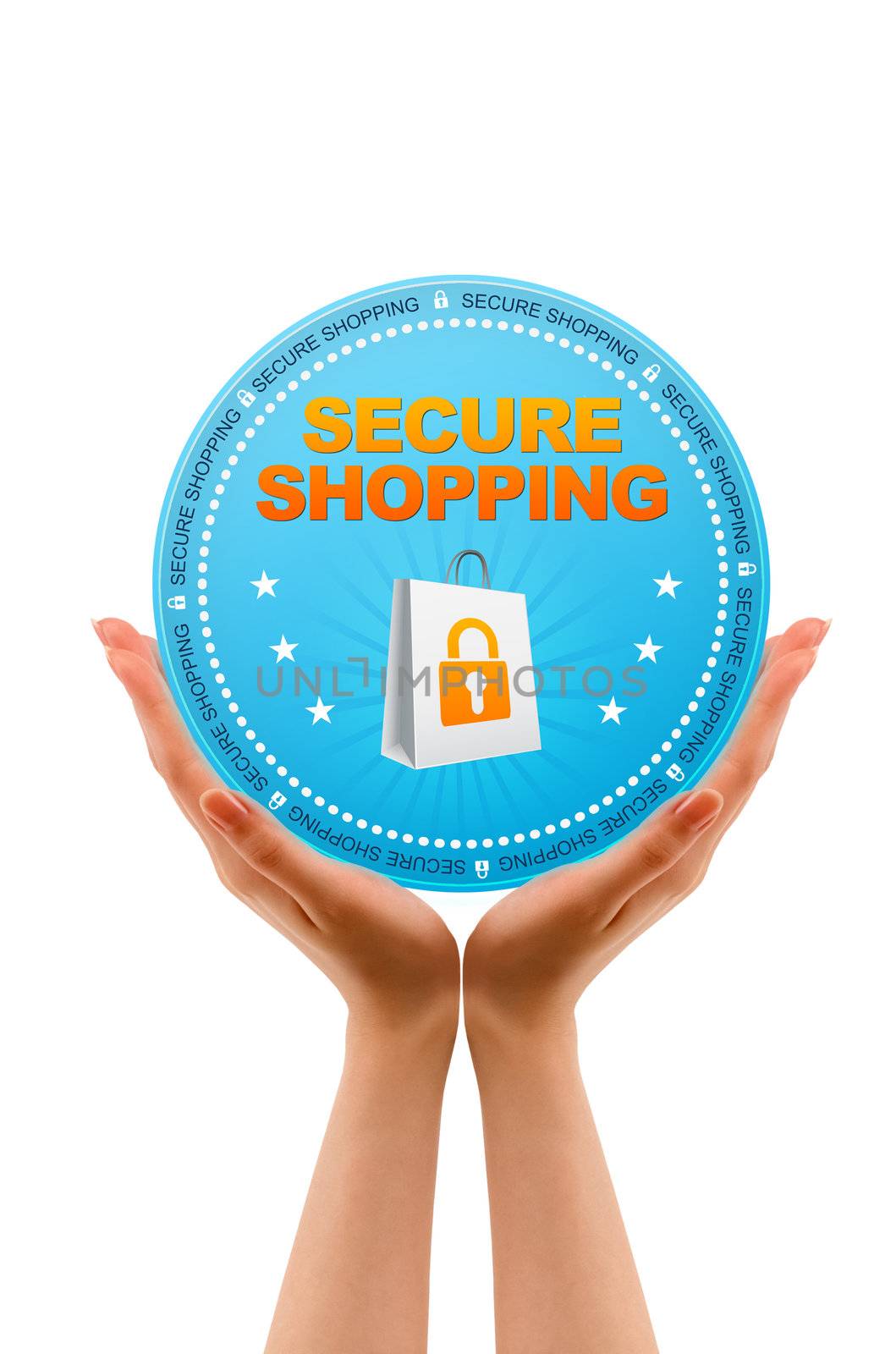 Hands holding a Secure Shopping Icon on white background.