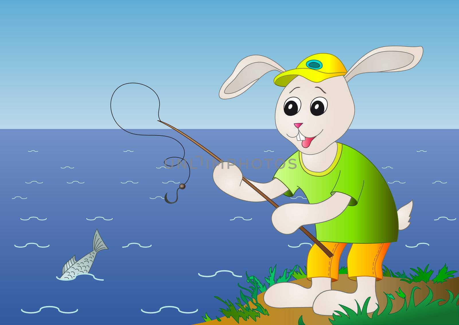 The hare fisherman fishes in the sea, but here a problem: fish Hare fishing, fish is left