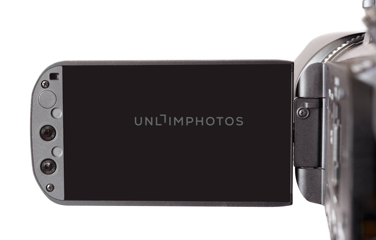 high end camcorder isolated on white background with blank screen
