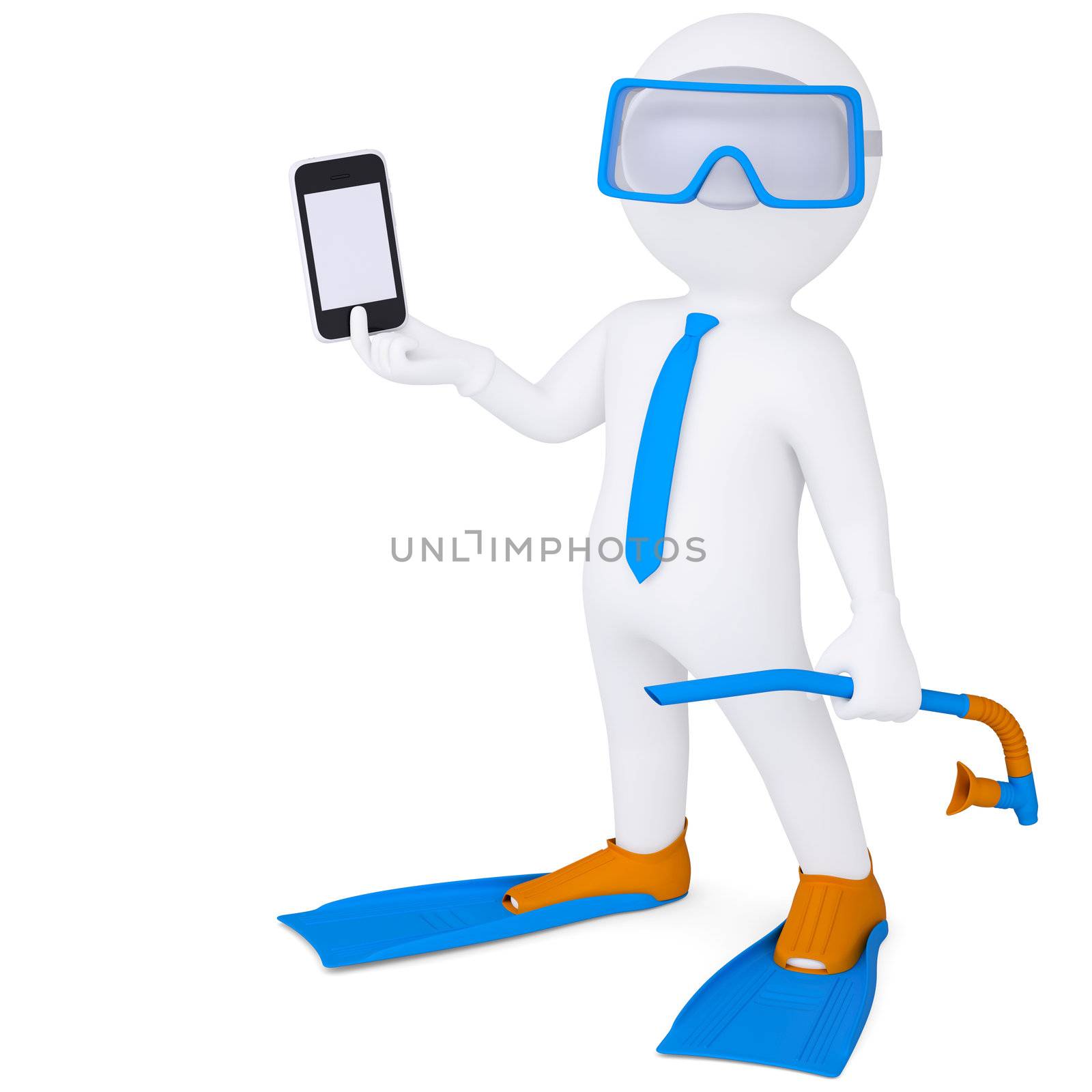 3d white man in flippers and mask holding a smartphone. Isolated render on a white background