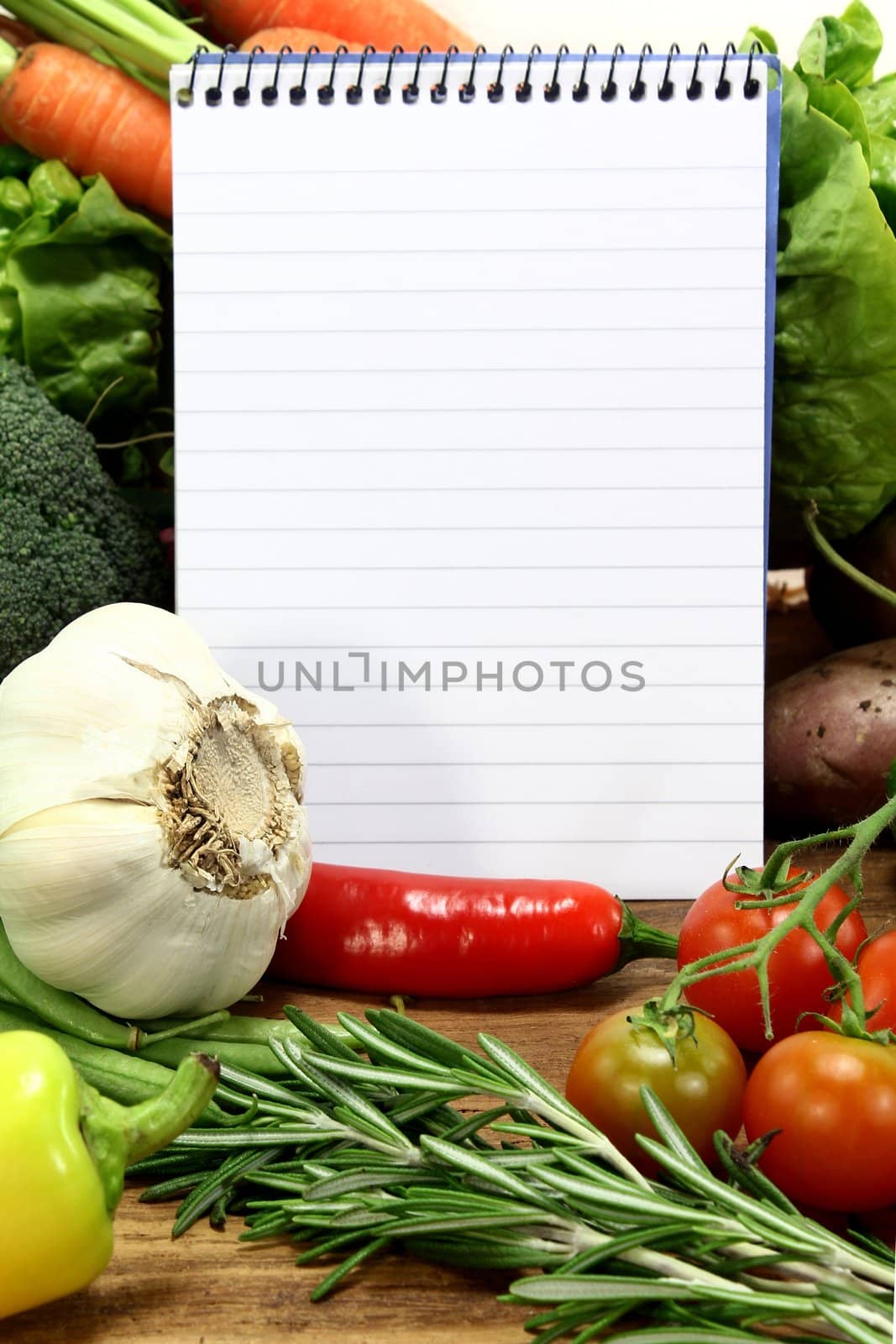 Ruled note pad and a variety of ingredients