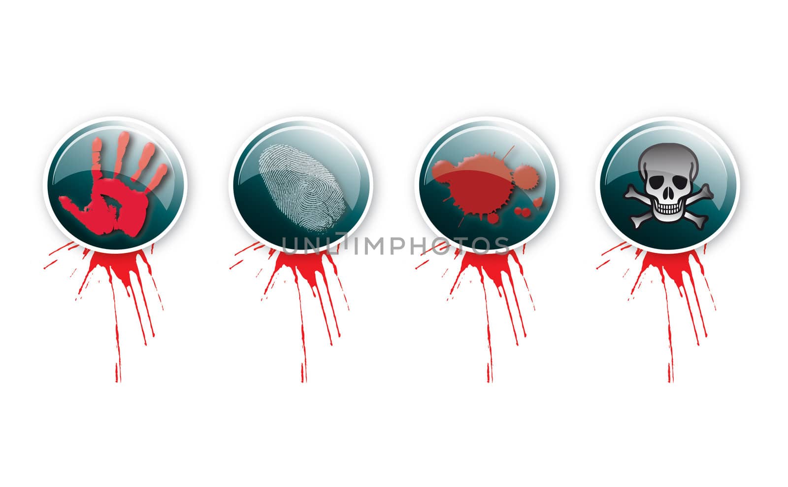 A set of four round glass effect buttons with a crime theme. Themed illustrations to each button with blood splatter. For web or print use.