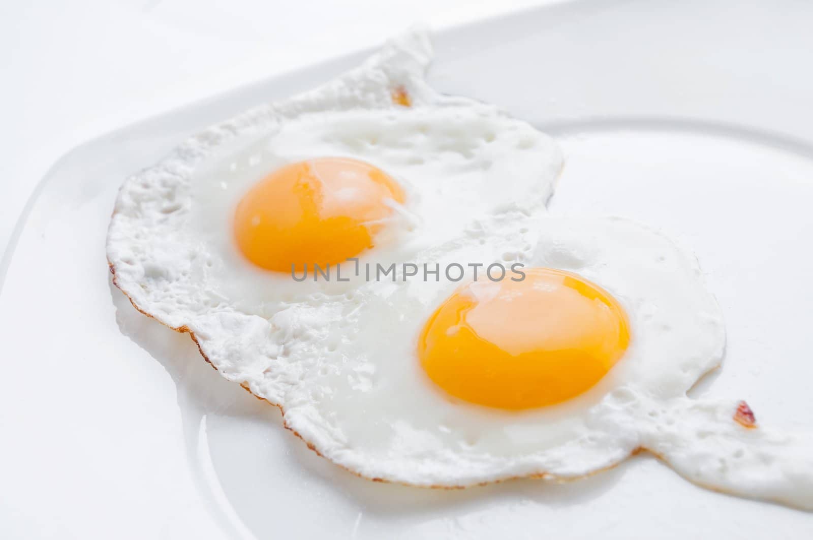 Clouse up double fried egg on the white plate