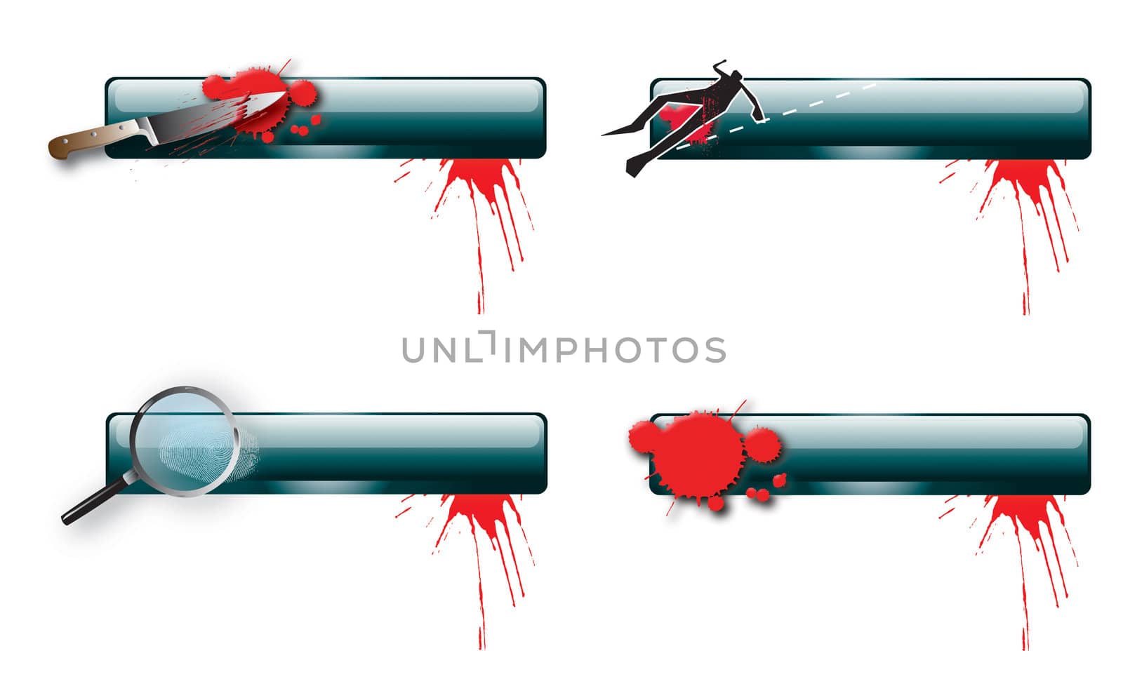 A set of four horizontal glass effect buttons with a crime theme. Themed illustrations set to each bar with blood splatter. Blank space available for text. For web or print use.