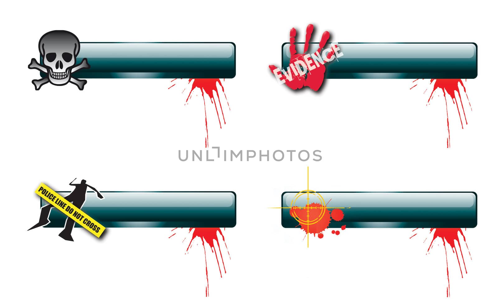 A set of four horizontal glass effect buttons with a crime theme. Themed illustrations set to each bar with blood splatter. Space for text. For web or print use.