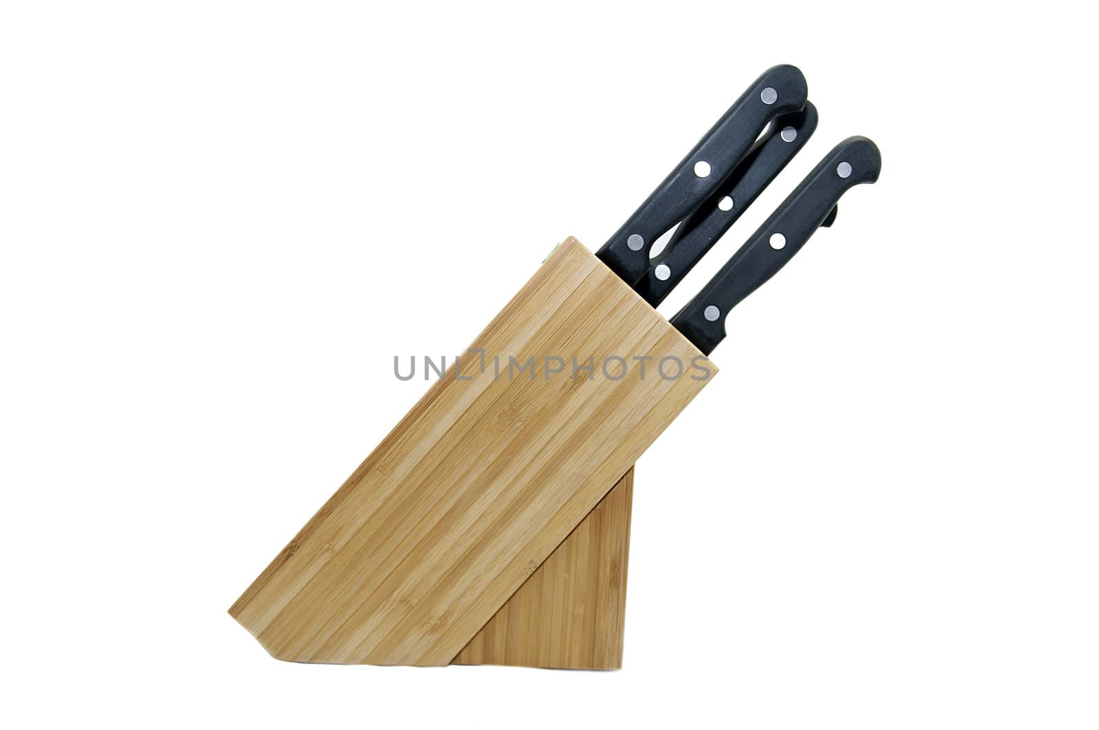 a set of kitchen knives in a wooden stand on a white background