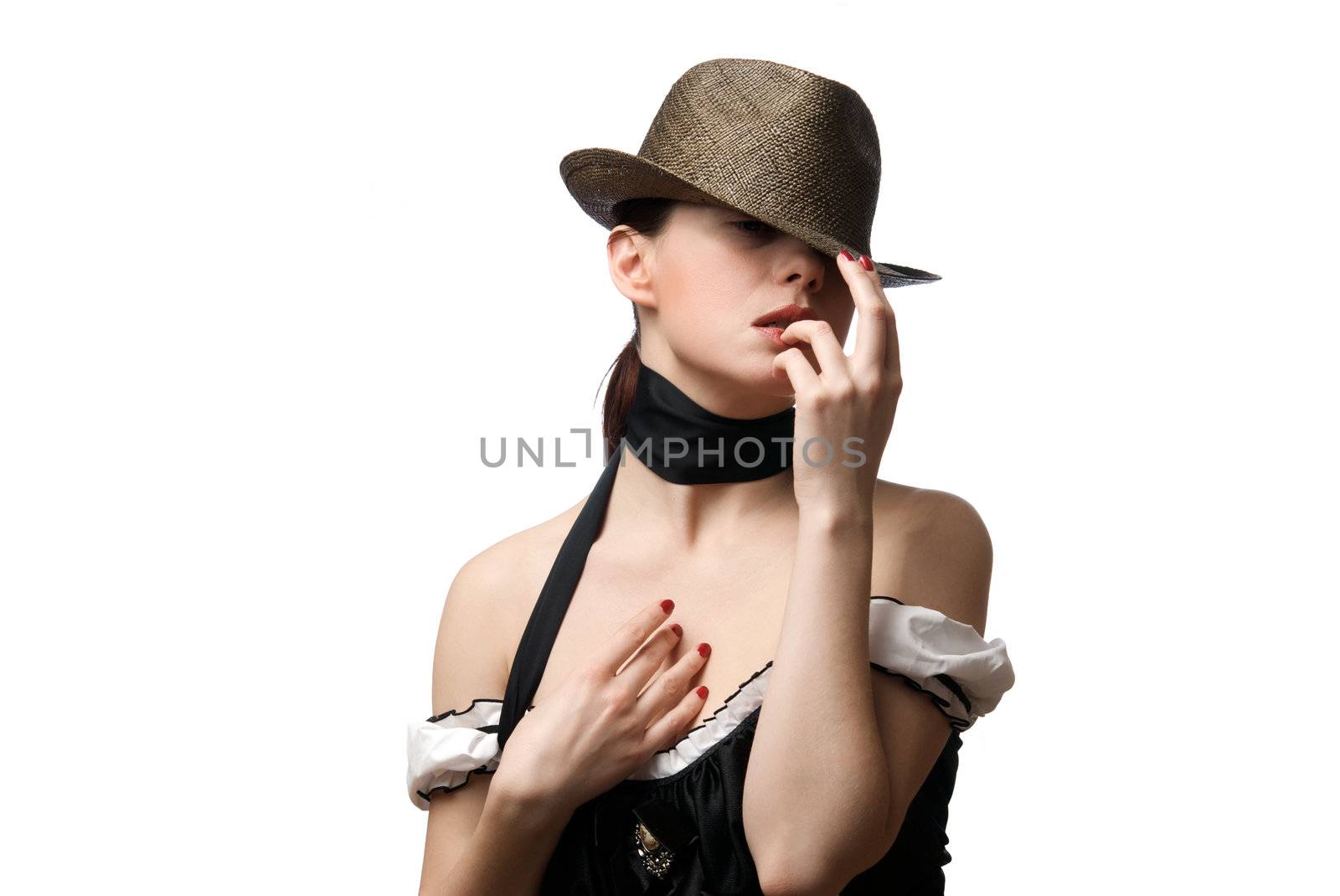 Portrait of young beautiful woman wearing hat. Isolated on white background