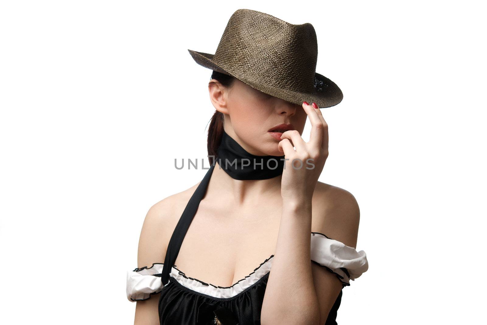 Portrait of young beautiful woman wearing hat. Isolated on white background