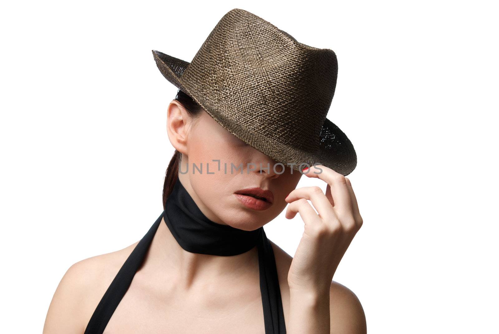 Portrait of young beautiful woman wearing hat. Isolated on white background