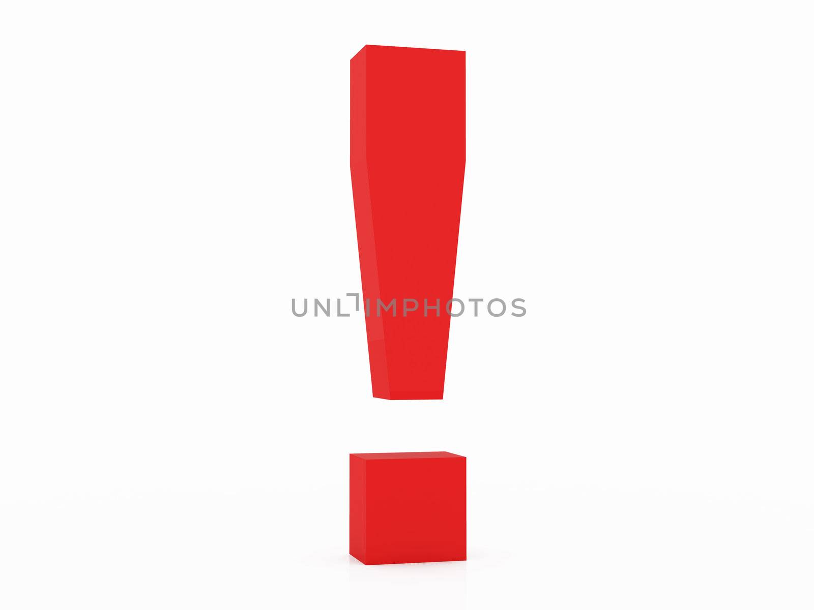 Red, three dimensional shape exclamation mark on white background.