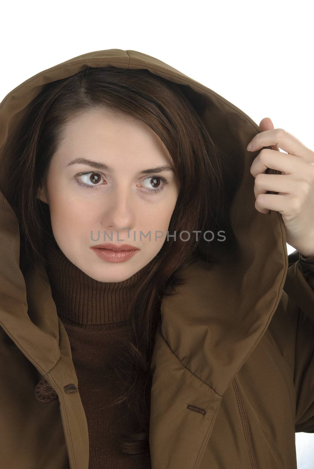 Attentive young woman  in hood