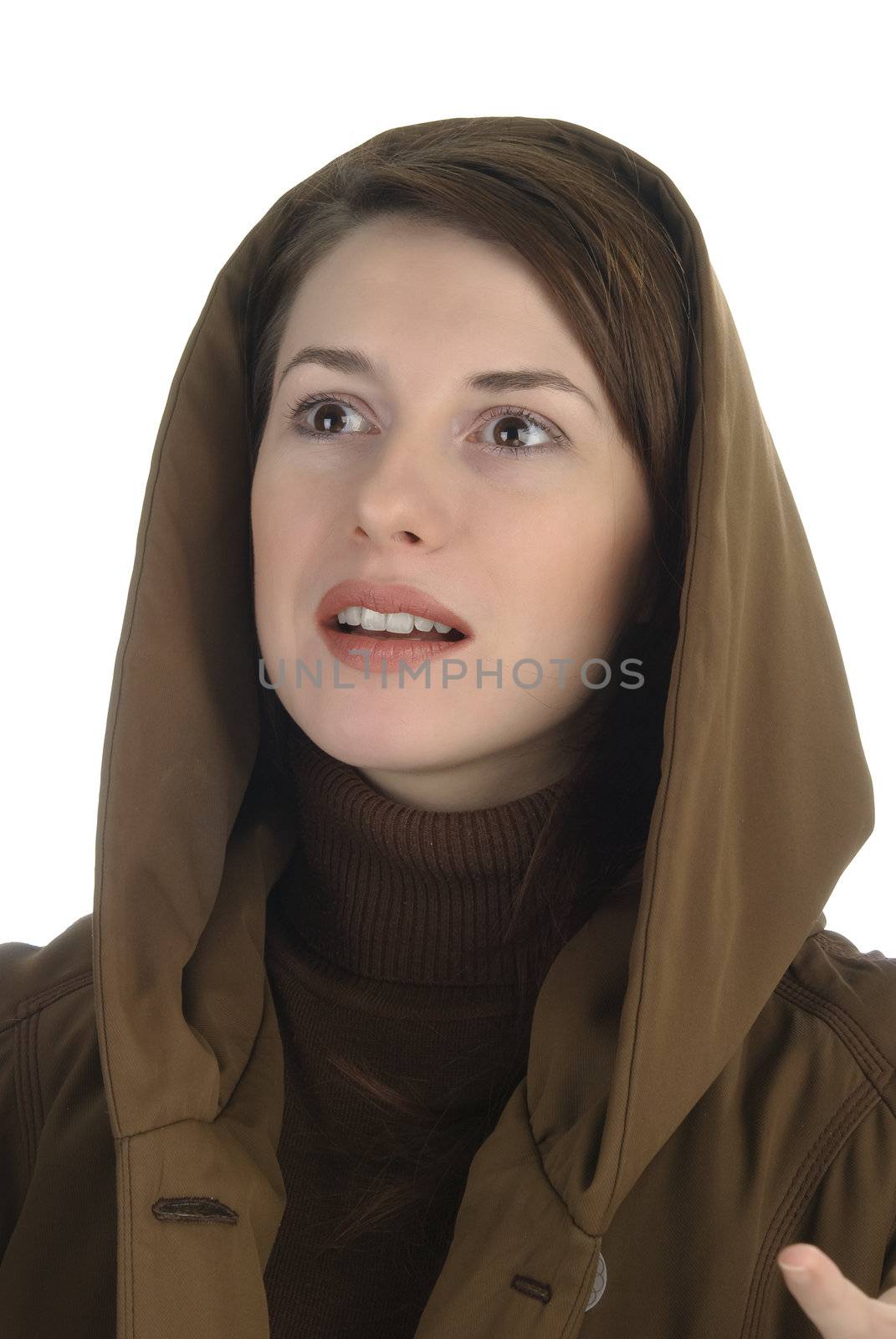 Amazed young woman  in hood