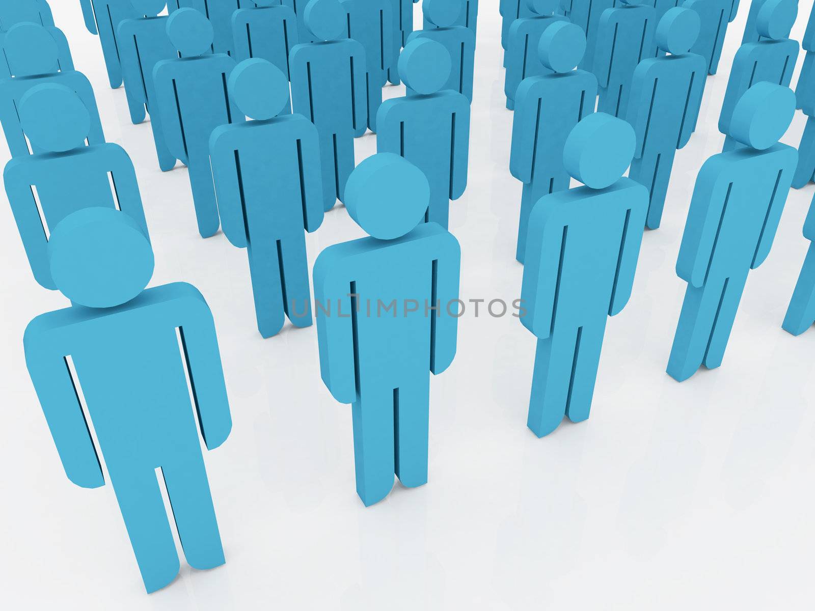Social people arranged side by side in the crowd on white background.