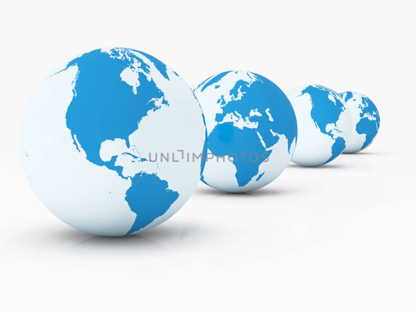 Four globes arranged different sides, side by side on white background.