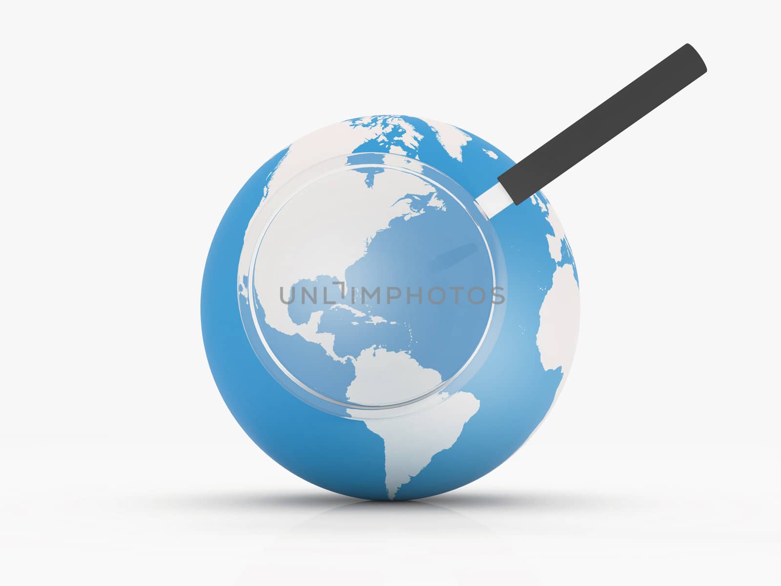 Globe with magnifying glass over North and South America on white background.