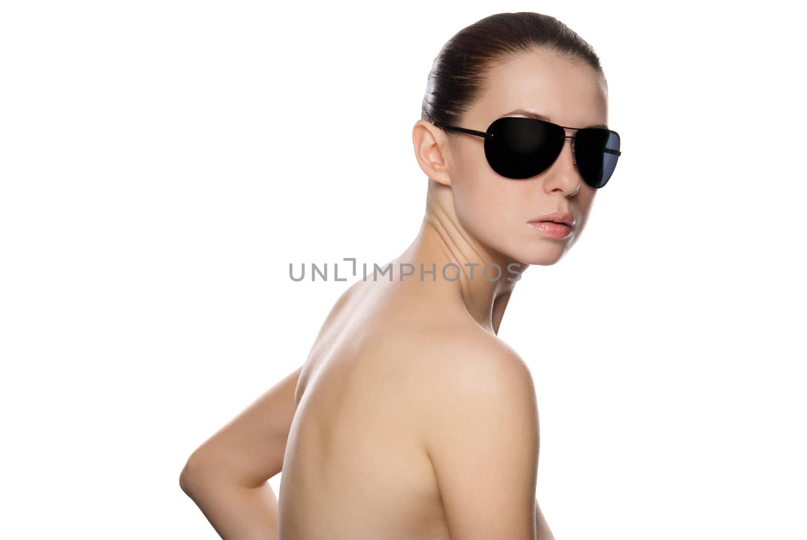 Portrait of glamour woman in sunglasses. Isolated on white background