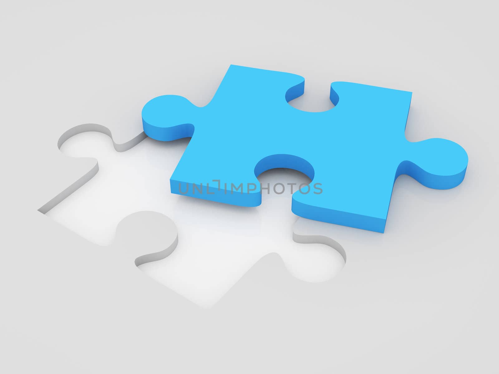 Concept of puzzle solution, blue color puzzle on white.