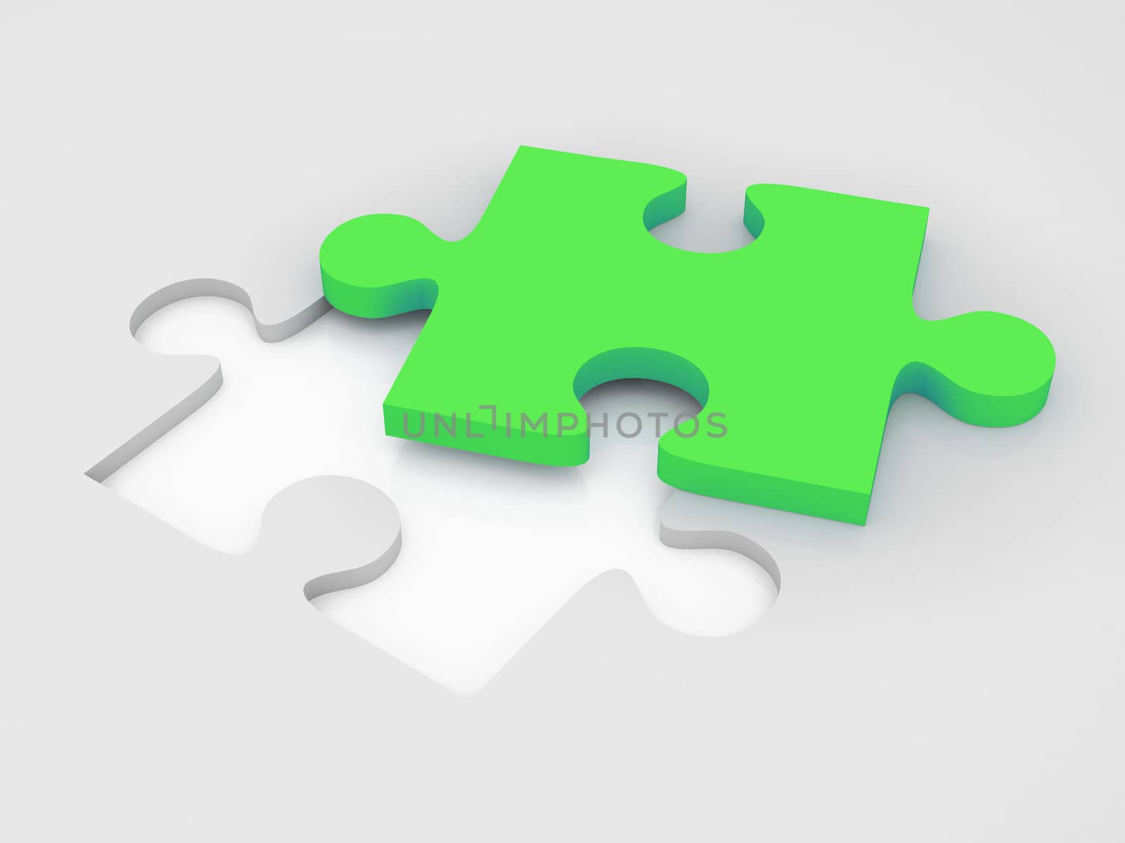 Concept of puzzle solution, green color puzzle on white.