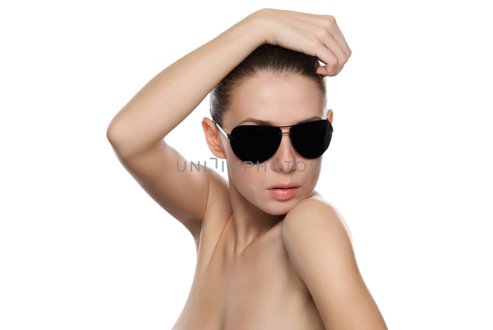 Portrait of glamour woman in sunglasses. Isolated on white background