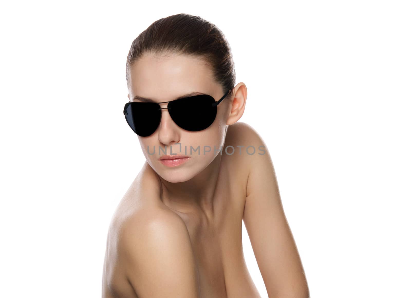 Portrait of glamour woman in sunglasses. Isolated on white background