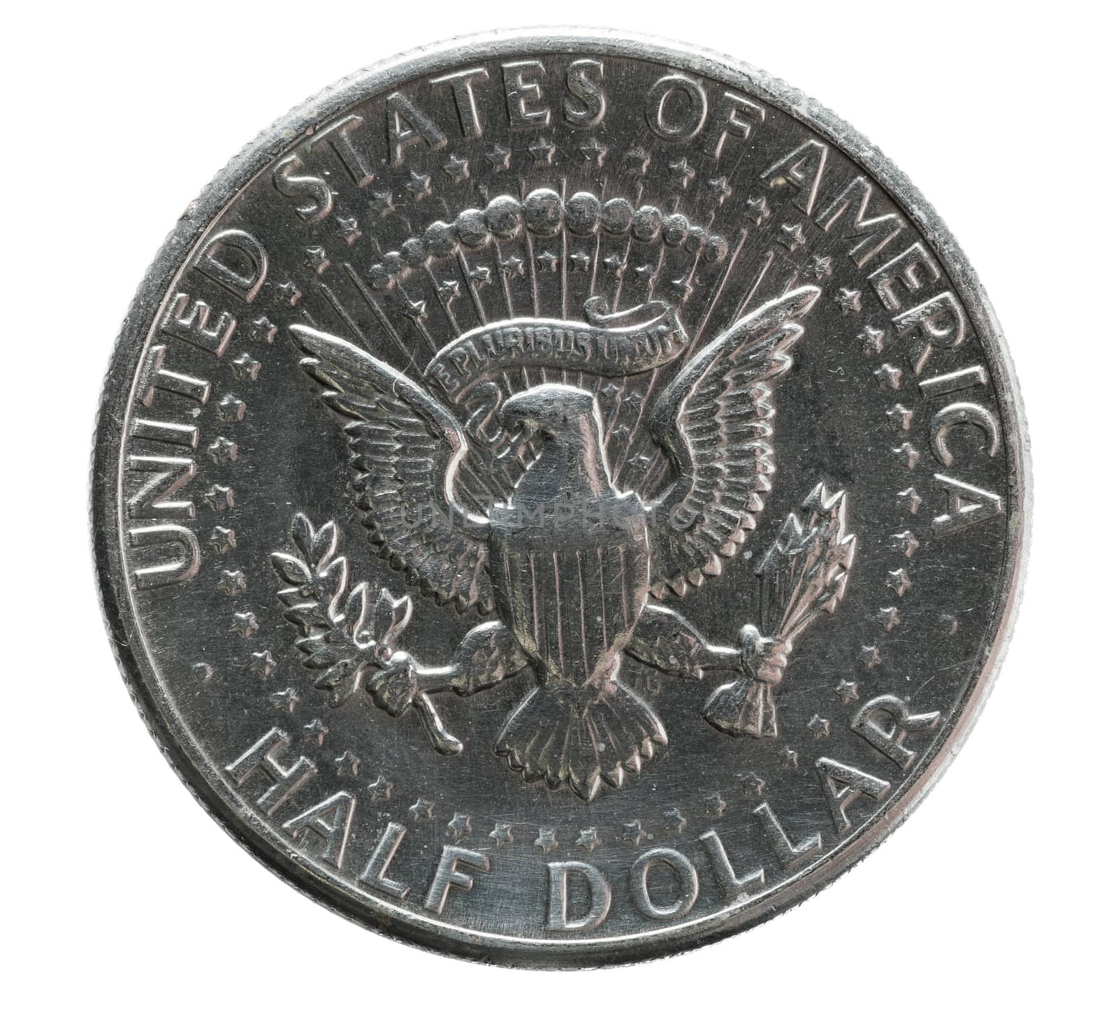 Macro front view of the eagle on a USA one dollar coin isolated against white