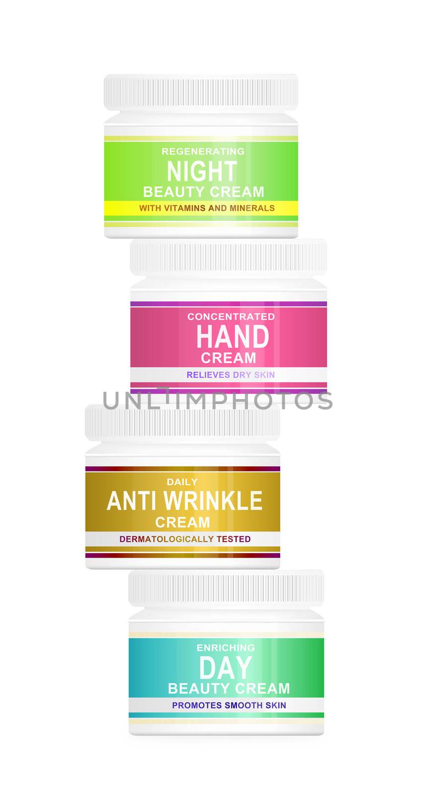 Illustration depicting four skin care product containers arranged vertically over white.