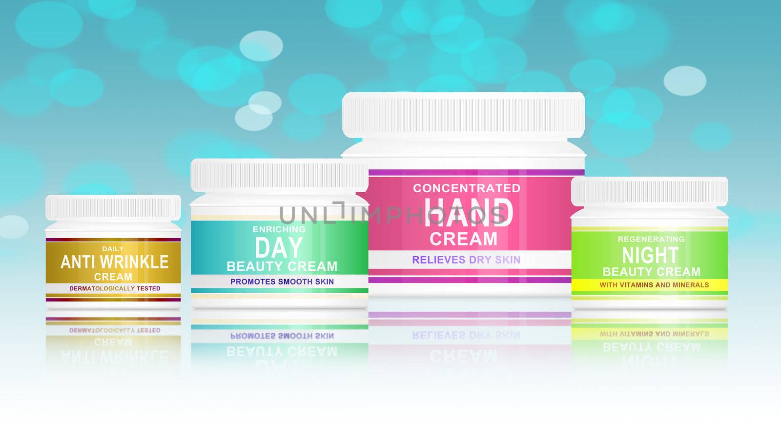 Illustration depicting four skin care product containers arranged horizontally over abstract blue background.