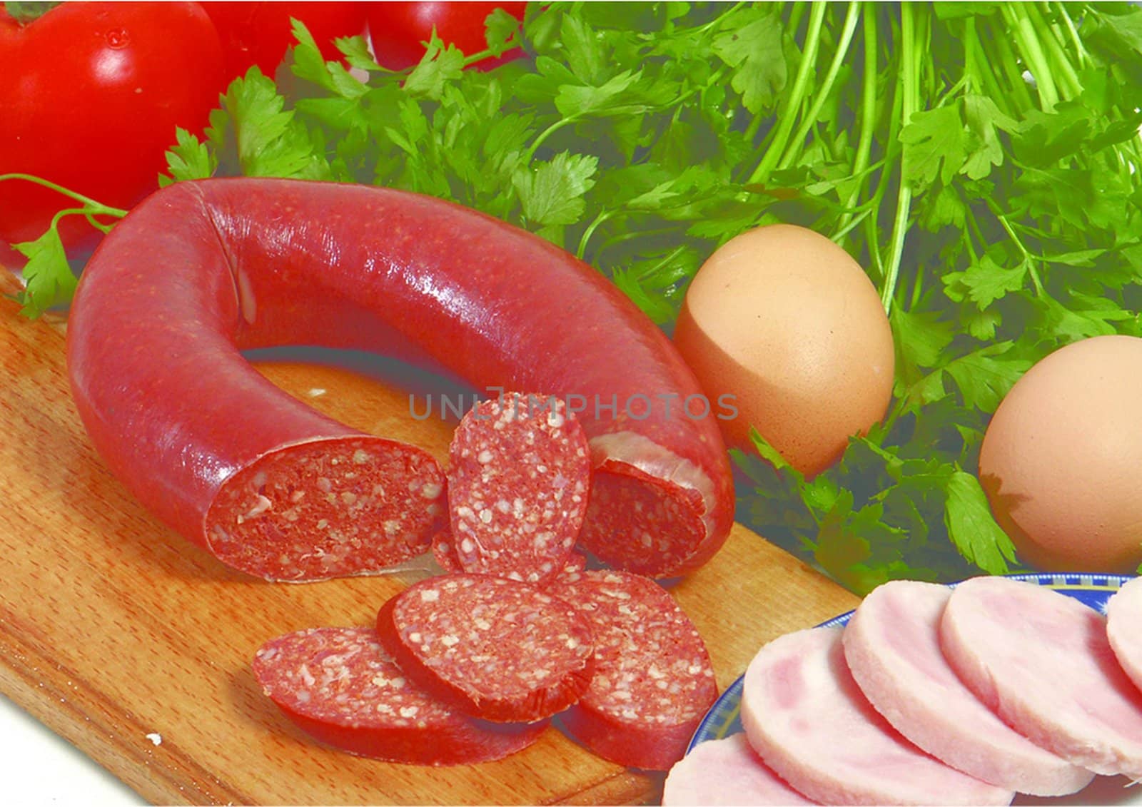 sausage on a wooden board by Baltus