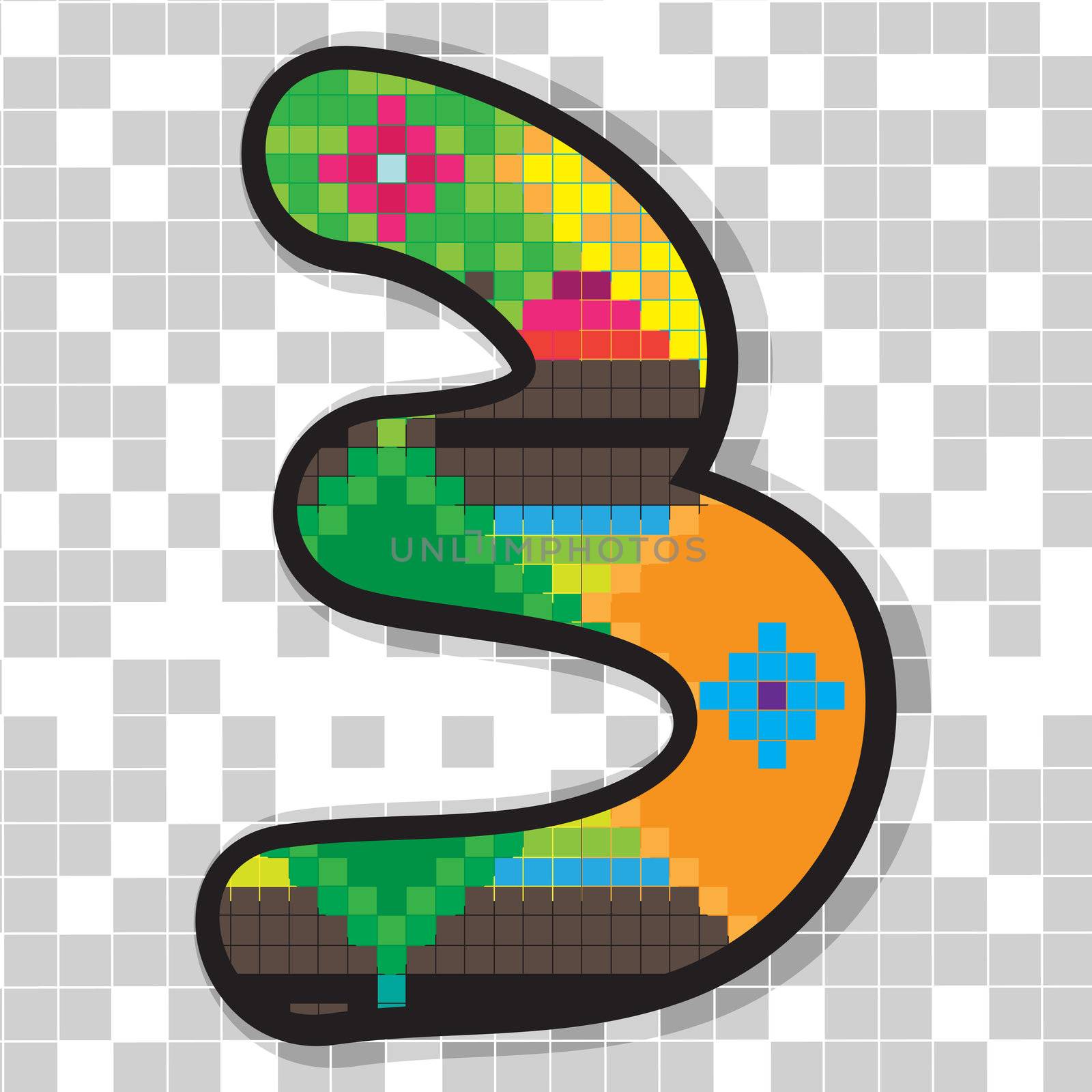Funny fat figure 3 decorated with abstract ethno pixel-art model over neutral mosaic 