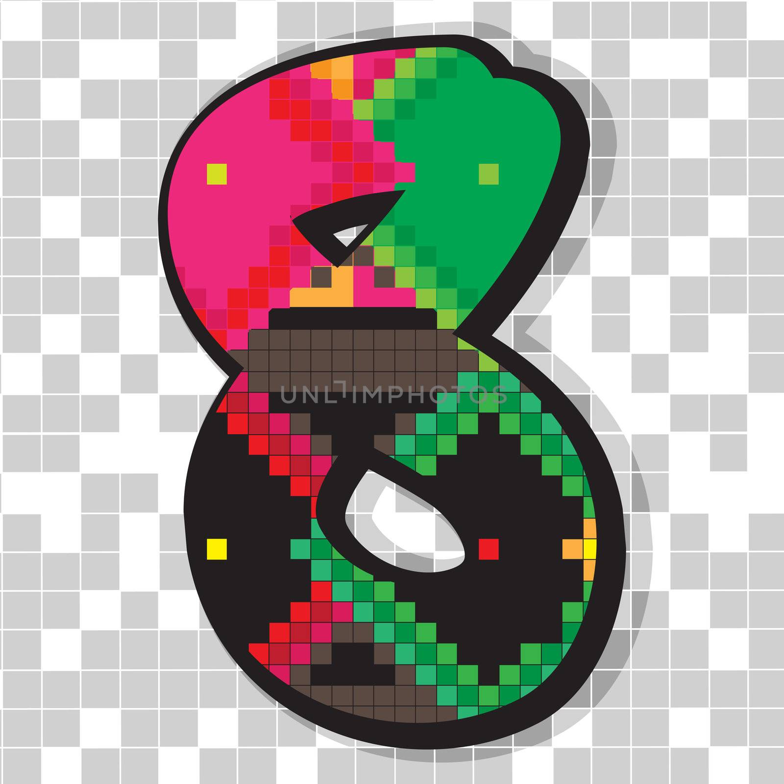 Funny fat figure 8 decorated with abstract ethno pixel-art model over neutral mosaic 