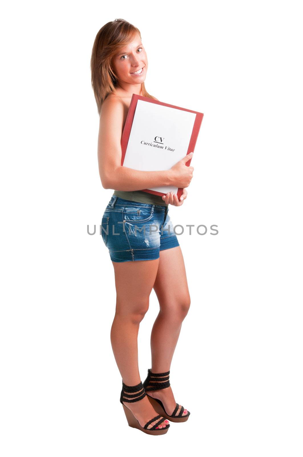 Young woman with a notepad and a curriculum vitae in her arms