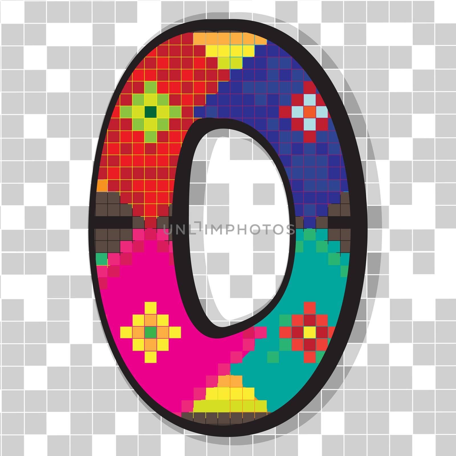 Funny fat 0 figure decorated with abstract ethno pixel-art model over neutral mosaic 