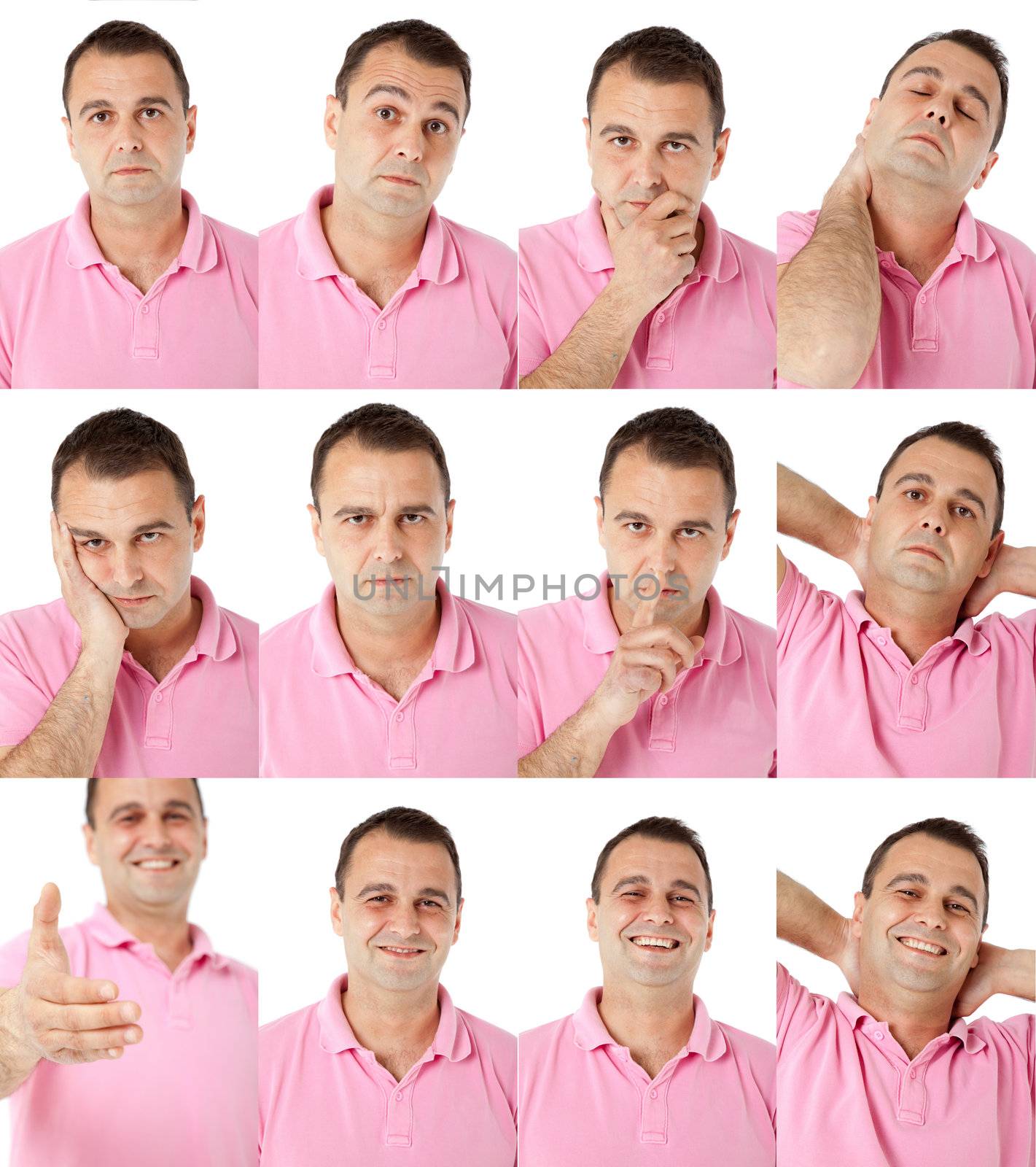 Portraits of man with pink shirt in multiple face expressions and gestures