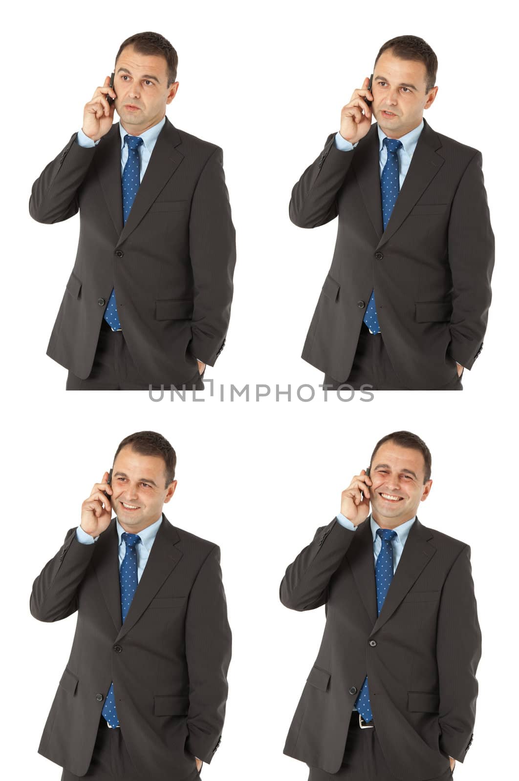Multiple expressions of businessman standing and talking on the phone