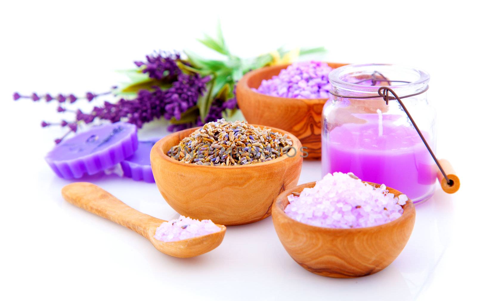dry Lavender herbs and bath salt isolated on white background
