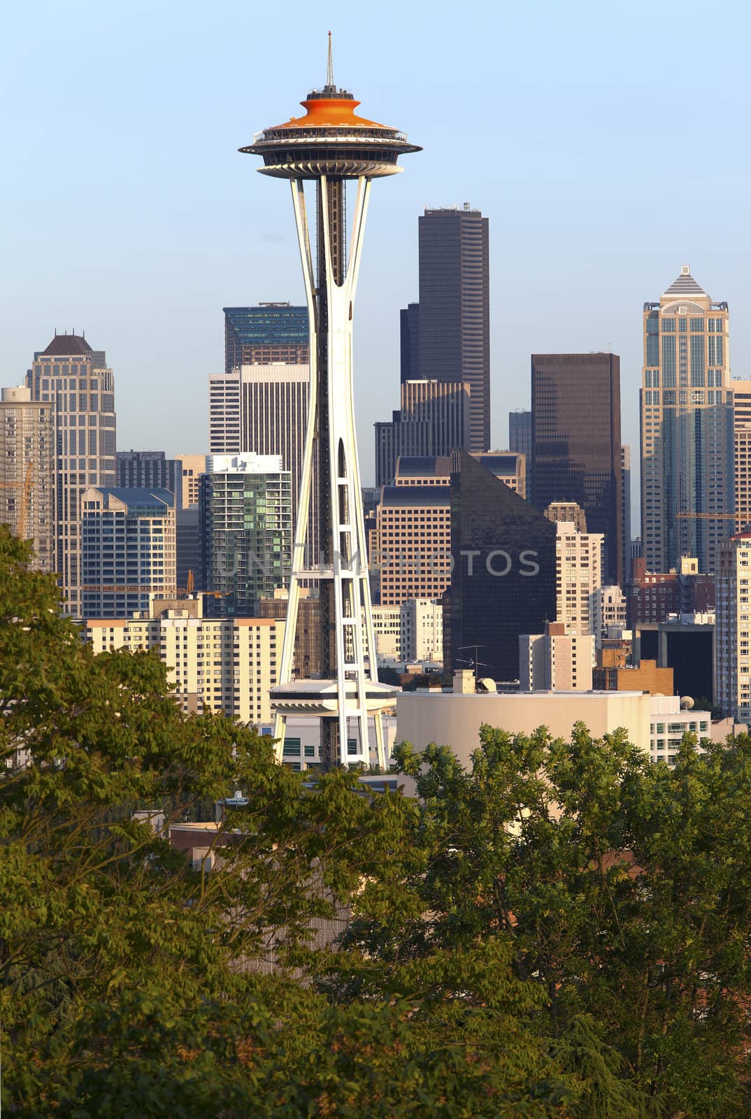 Seattle space needle tower and skyline buildings.