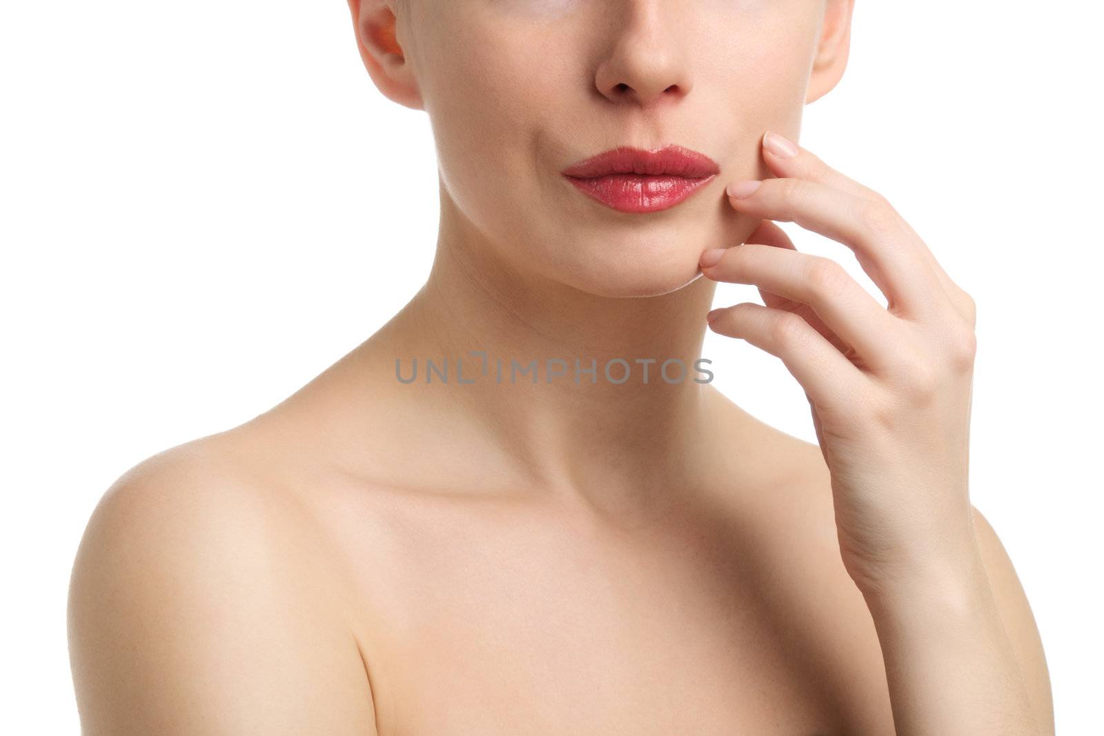 Face closup of young woman  isolated on white background