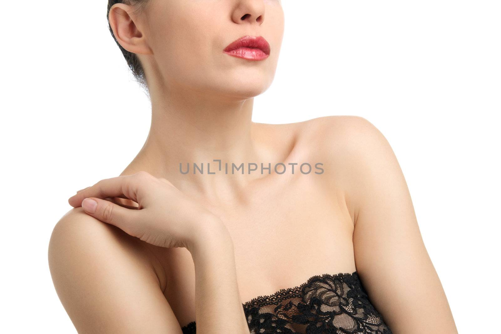 Headshot of topless young woman wearing lace isolated on white background