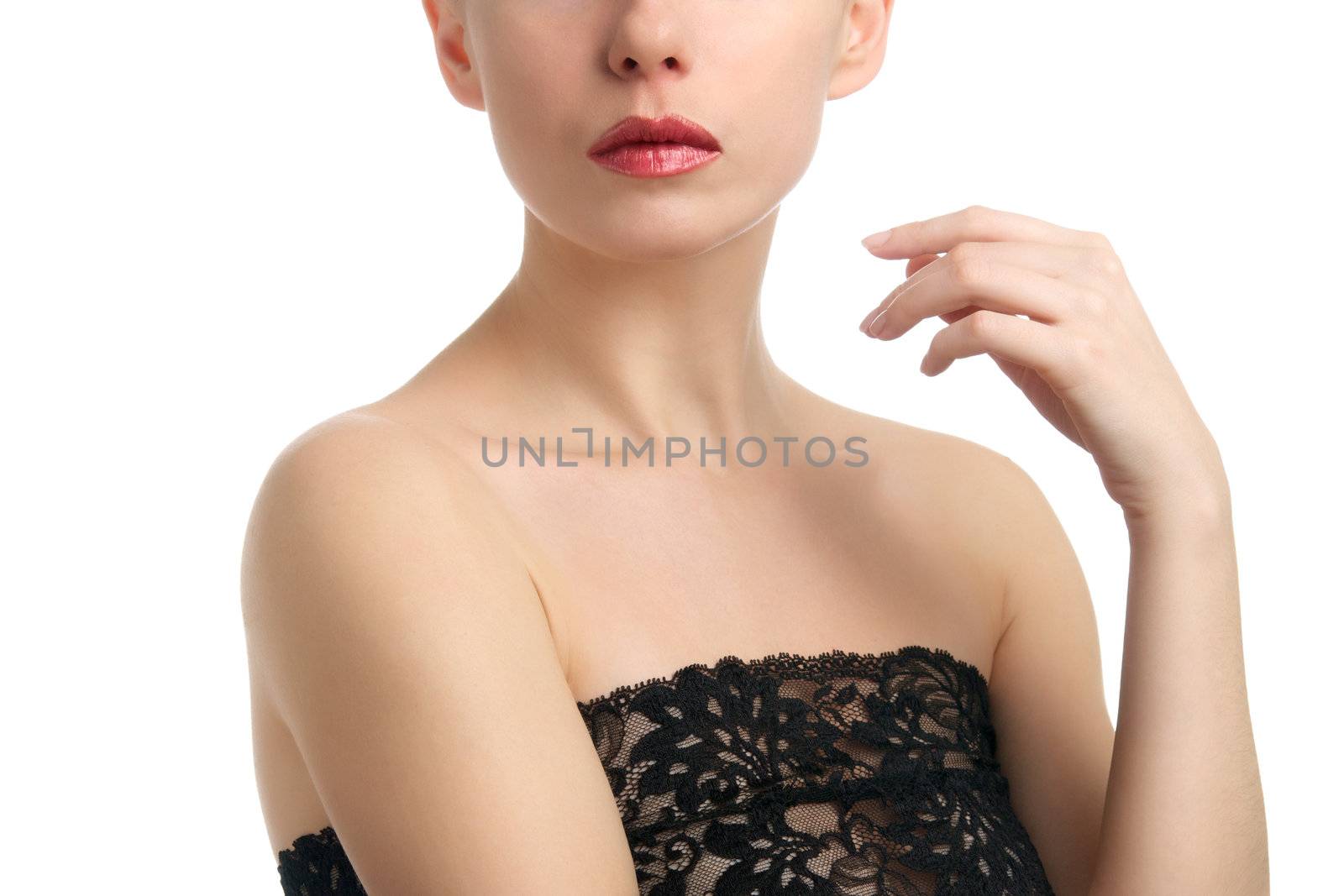 Headshot of topless young woman wearing lace isolated on white background