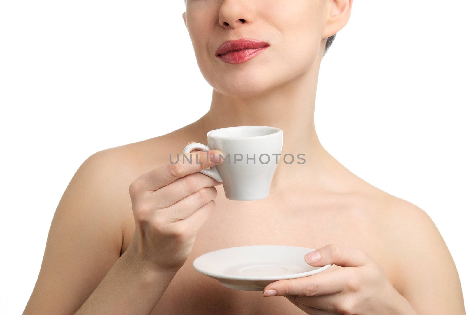 Topless beautiful woman drinking coffee or tea. Isolated on white background