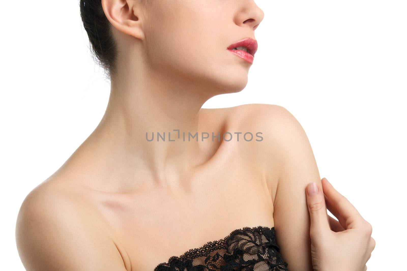 Headshot of topless young woman wearing lace isolated on white background