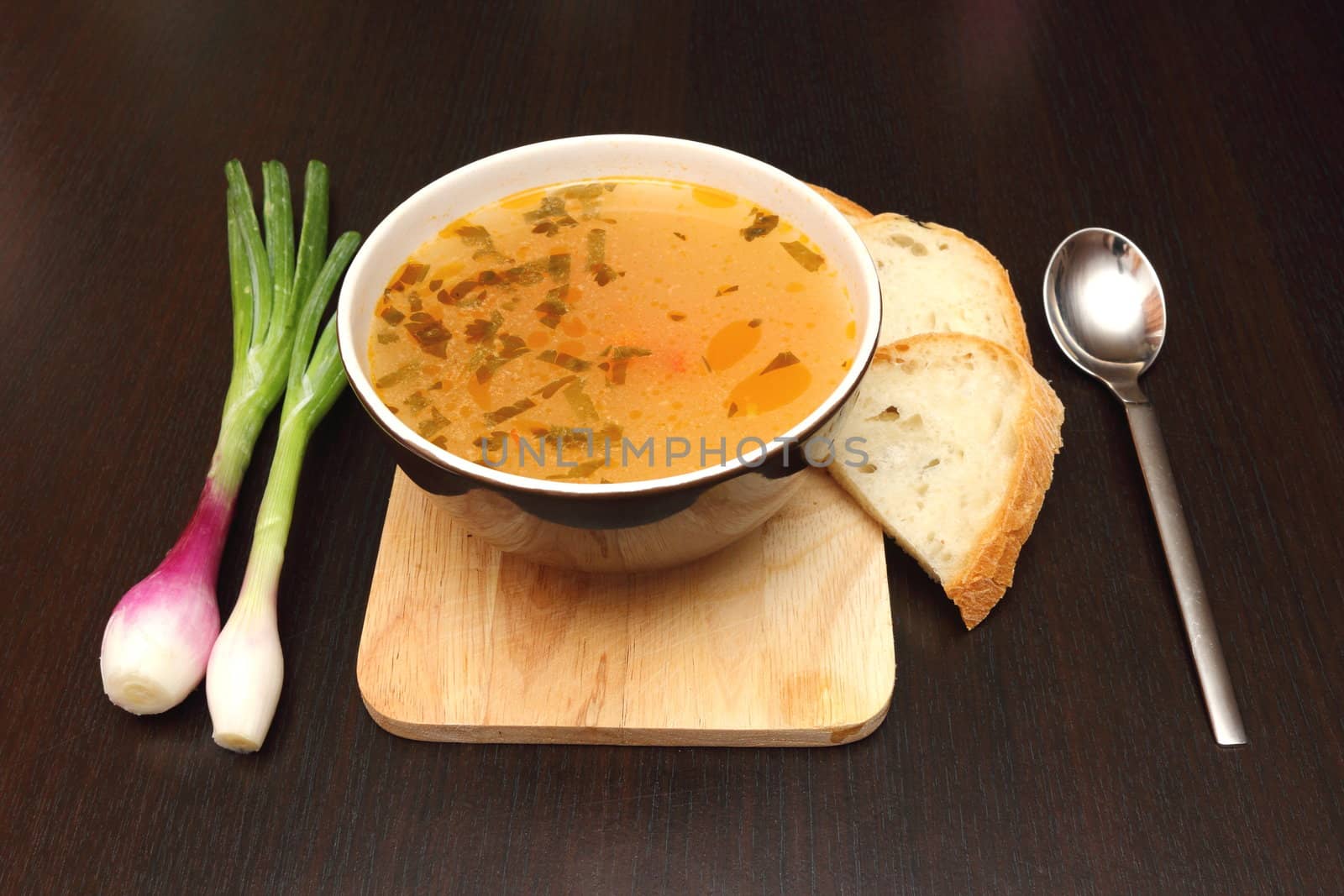 vegetable soup served with onion and bread