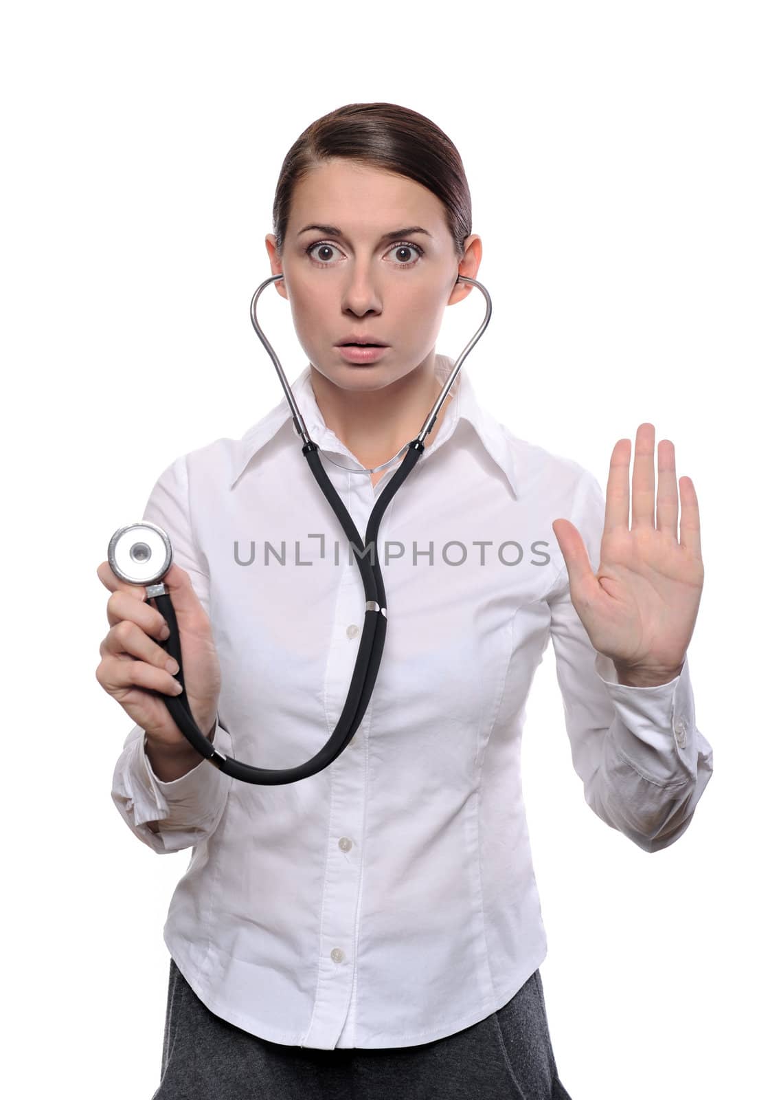 Scared doctor showing stop gesture by kirs-ua