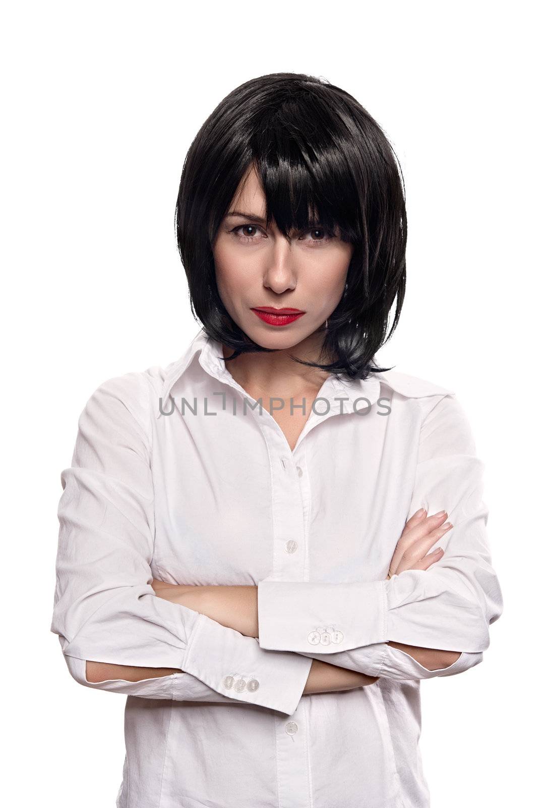 Portrait of a young brunette vamp girl isolated on white background