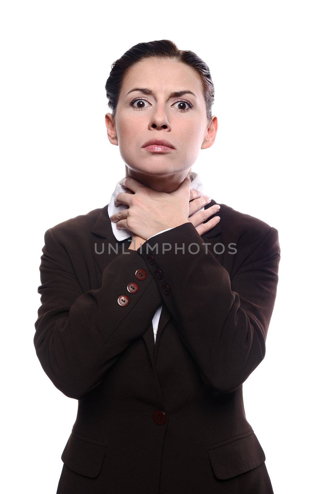 Secretary or business woman choking herself. Isolated on white background