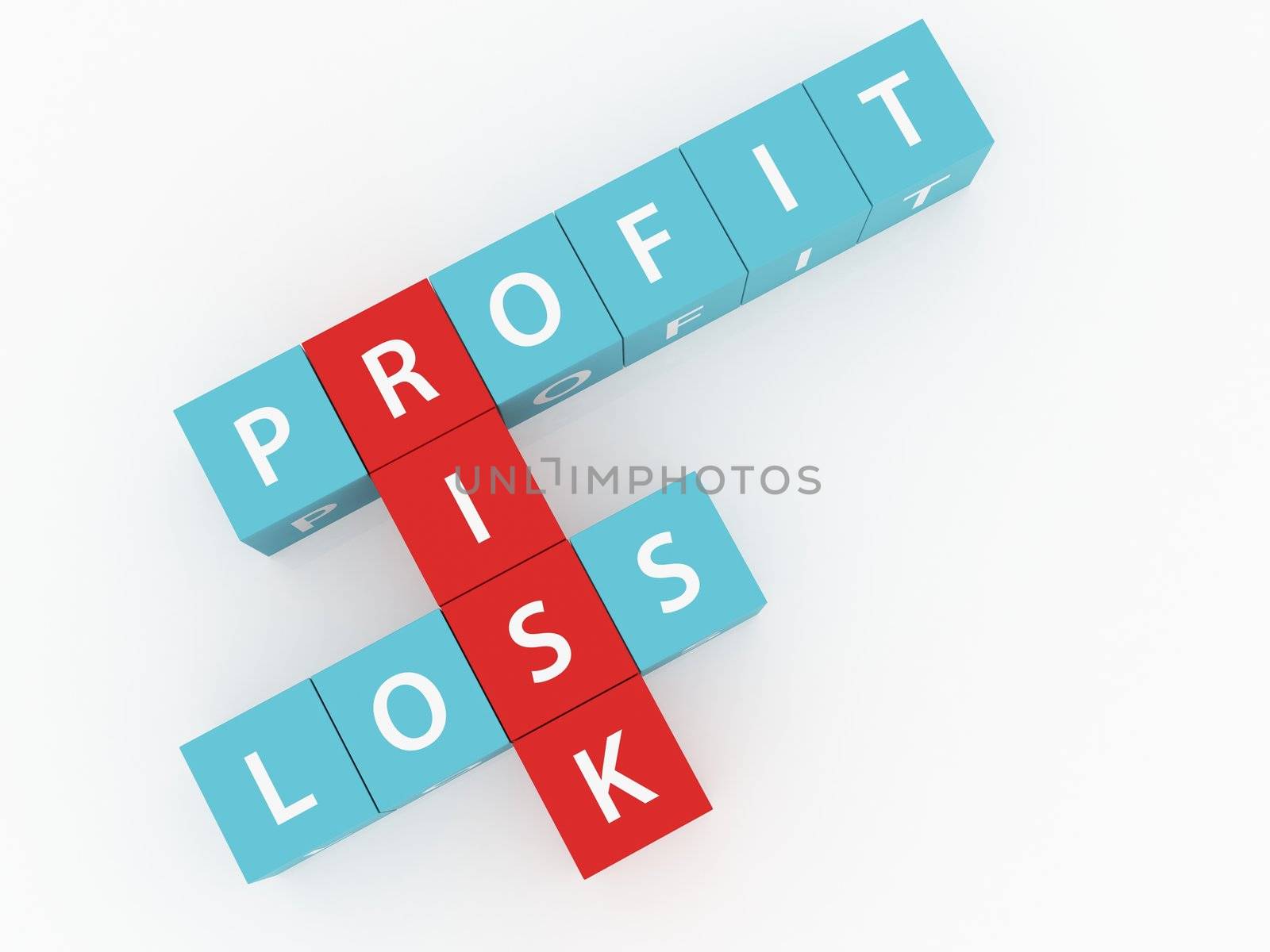 Risk, profit, loss crosswords on dices and white background.