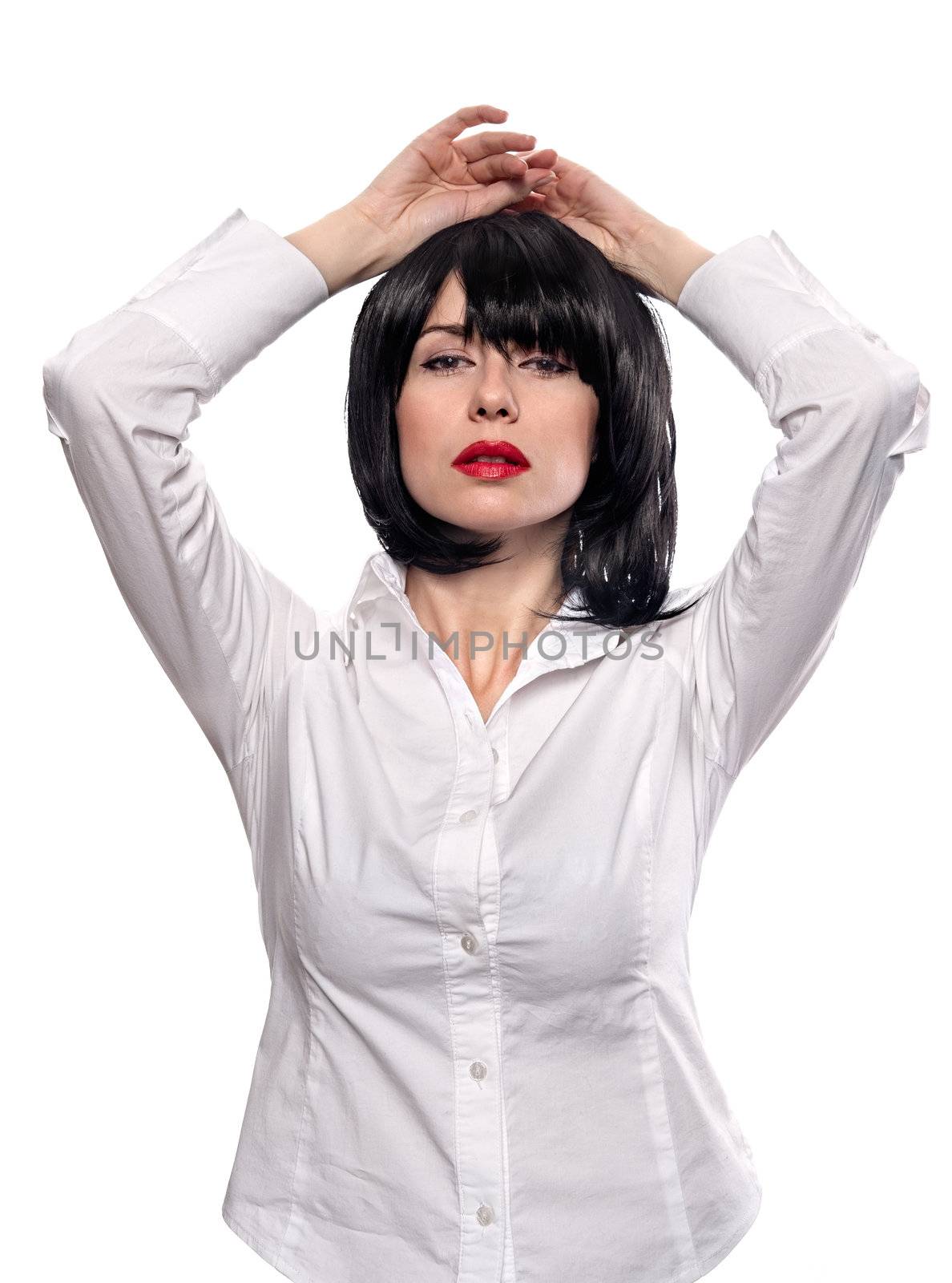 Portrait of a young brunette vamp girl isolated on white background