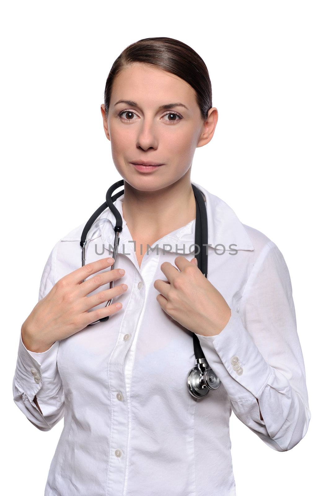 Portrait of a beautiful female doctor with a stethoscope. Isolated over white background